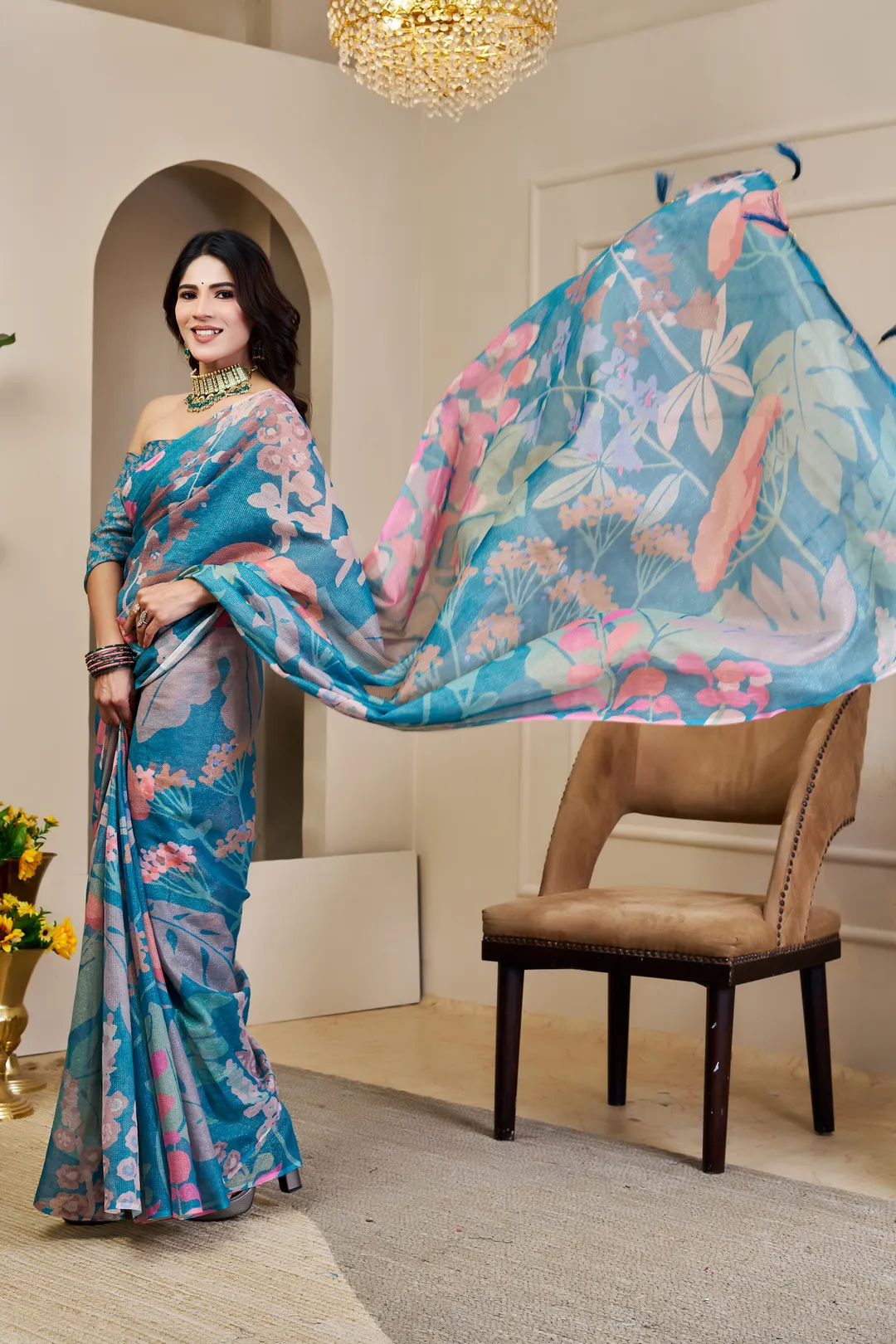 Teal Tissue Cotton Saree With Floral Print - Varnavi
