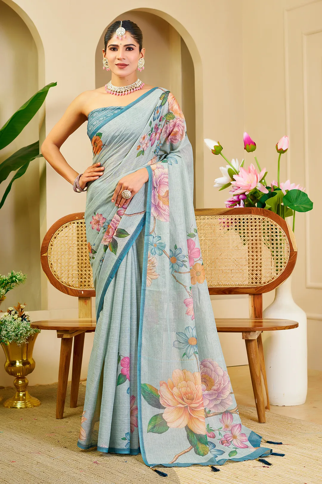 Sky Blue Tissue Saree With Floral Print & Zari |Varnavi