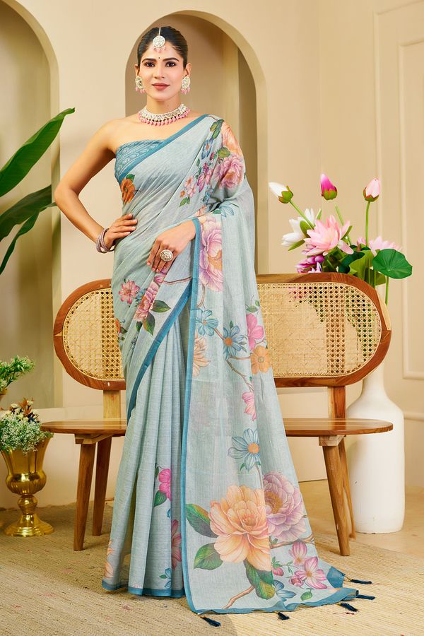 Sky Blue Tissue Saree With Floral Print & Zari |Varnavi