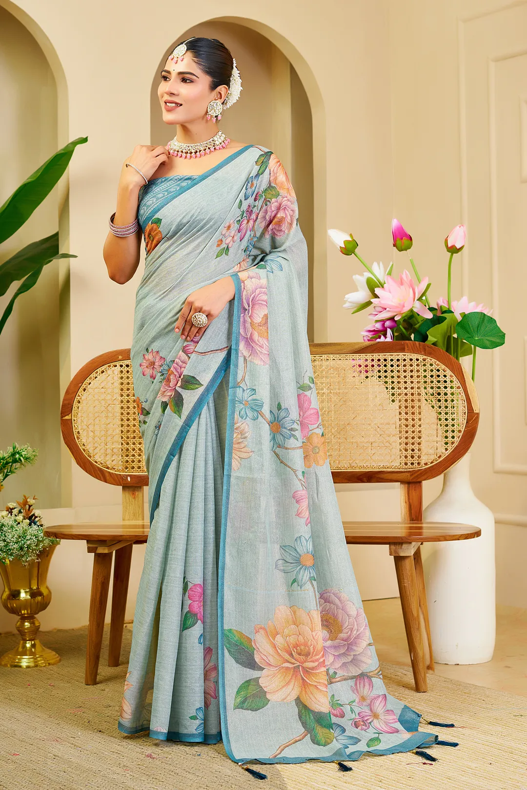 Sky Blue Tissue Saree With Floral Print & Zari |Varnavi