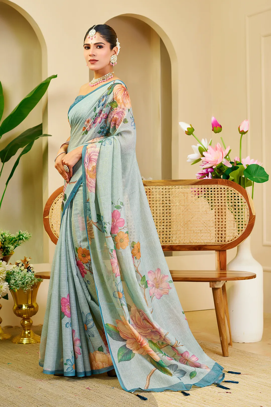 Sky Blue Tissue Saree With Floral Print & Zari |Varnavi