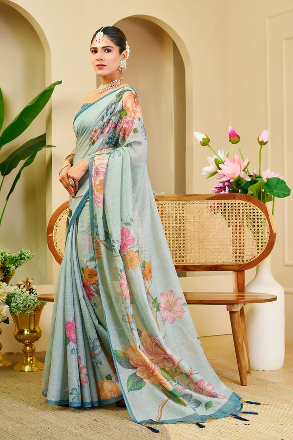 Sky Blue Tissue Saree With Floral Print & Zari |Varnavi