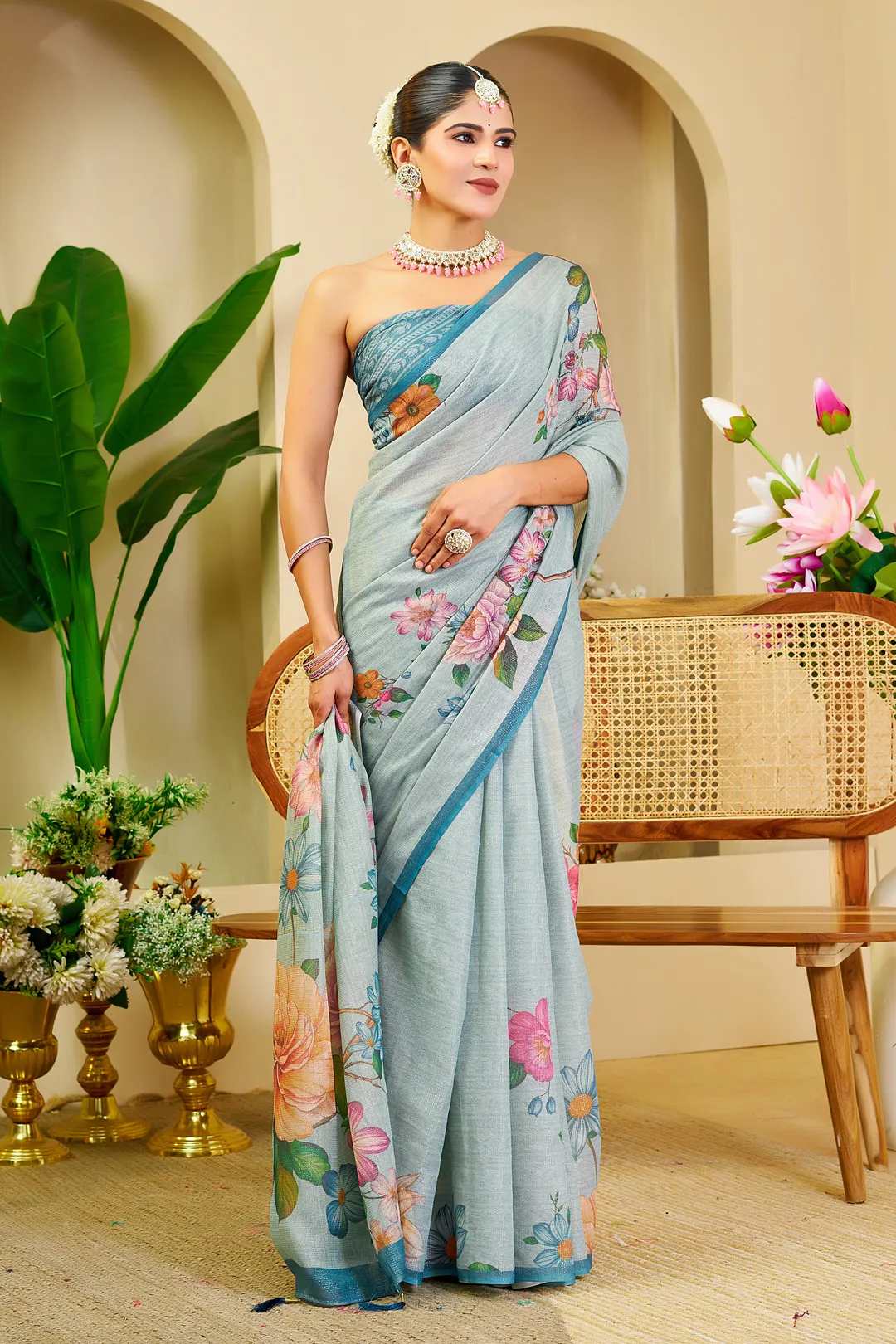 Sky Blue Tissue Saree With Floral Print & Zari |Varnavi