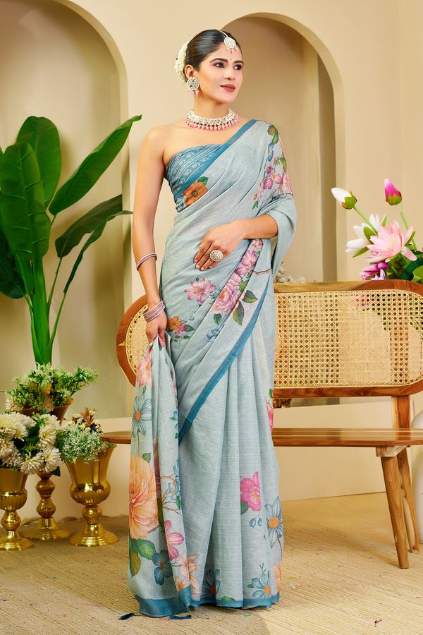 Sky Blue Tissue Saree With Floral Print & Zari |Varnavi