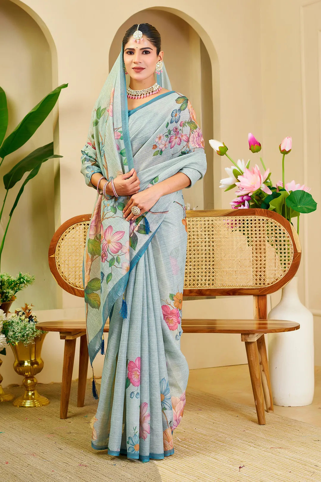 Sky Blue Tissue Saree With Floral Print & Zari |Varnavi