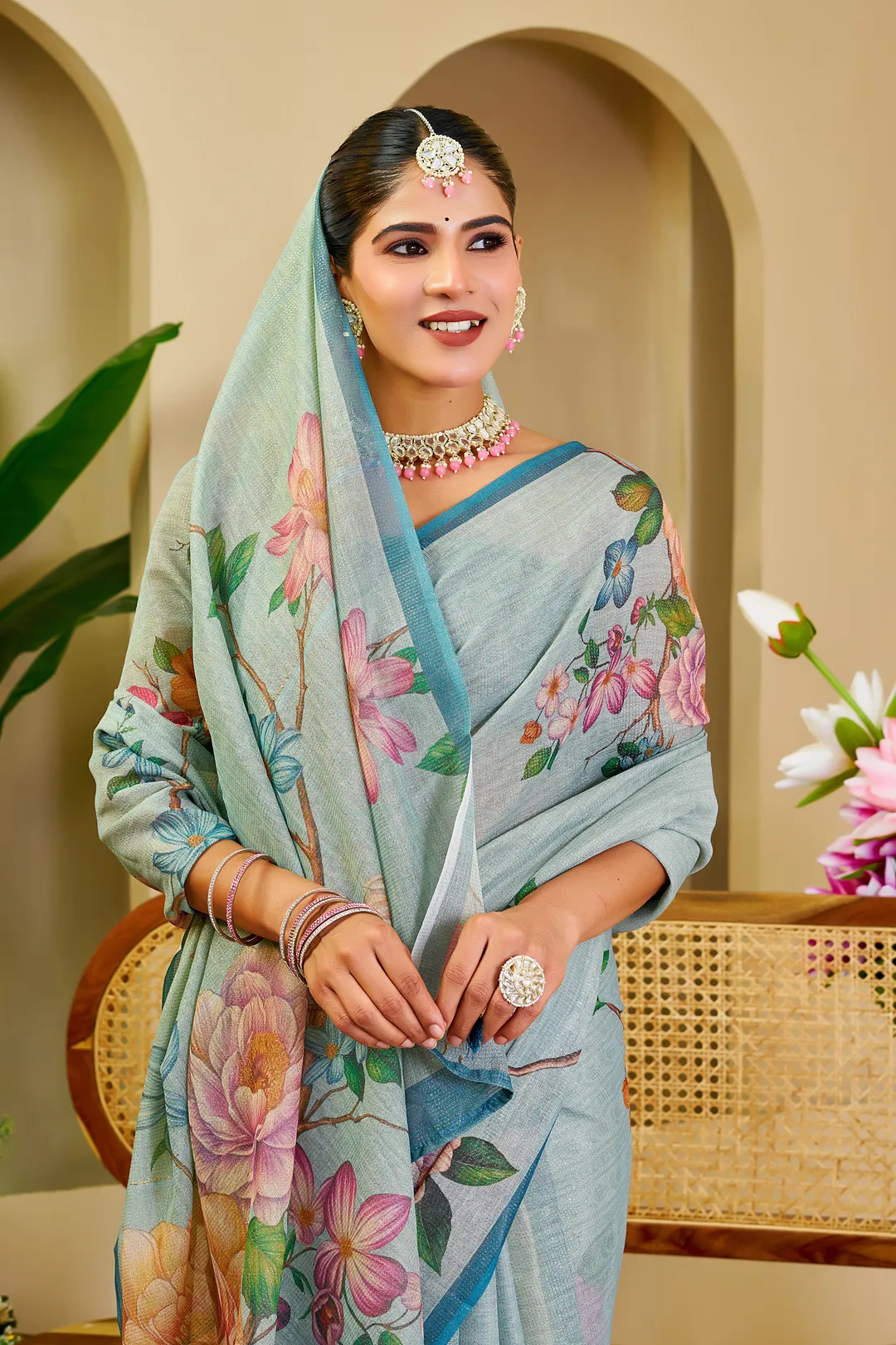Sky Blue Tissue Saree With Floral Print & Zari |Varnavi