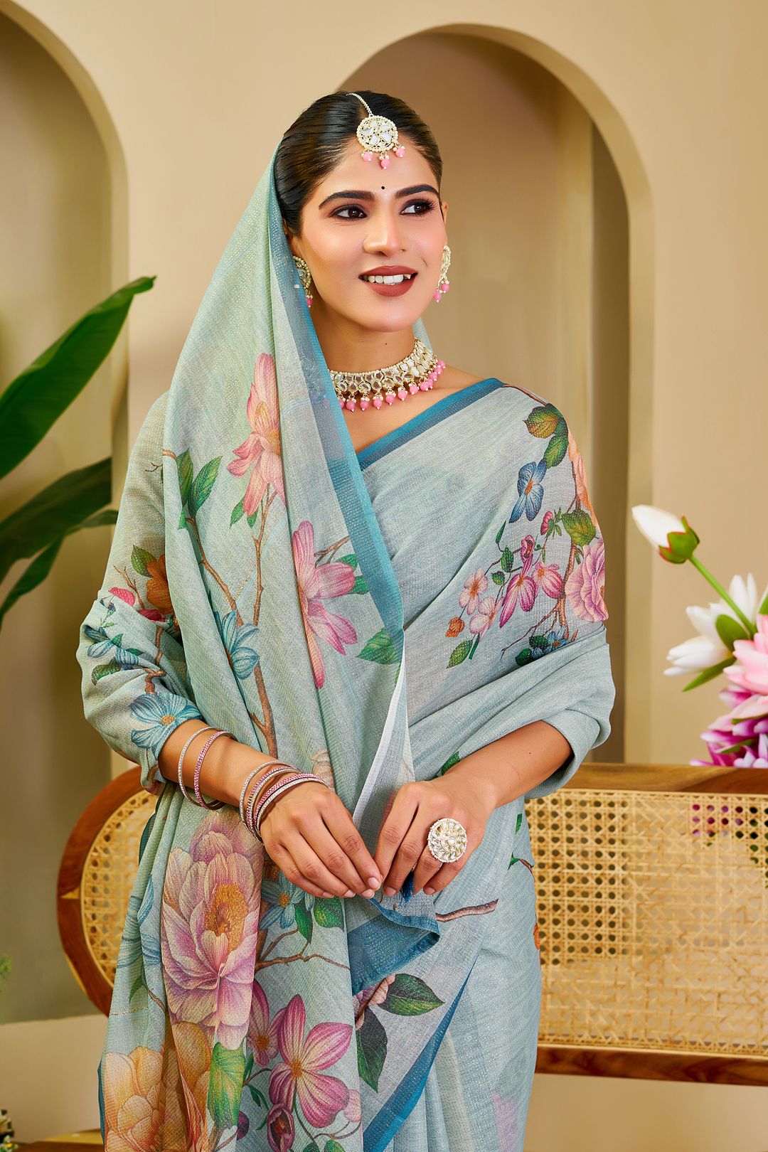 Sky Blue Tissue Saree With Floral Print & Zari |Varnavi
