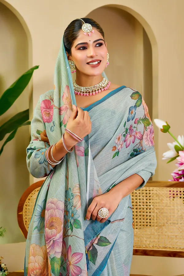 Sky Blue Tissue Saree With Floral Print & Zari |Varnavi