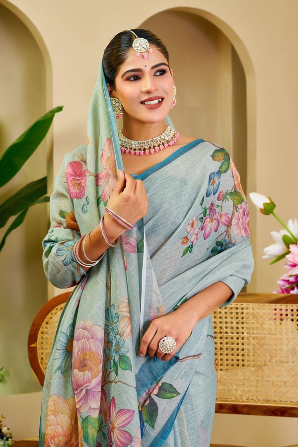 Sky Blue Tissue Saree With Floral Print & Zari |Varnavi