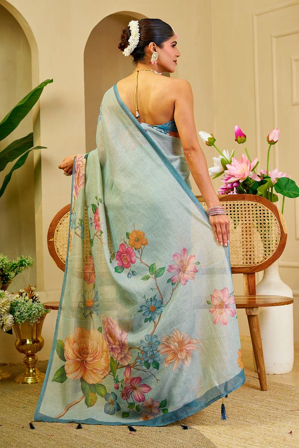 Sky Blue Tissue Saree With Floral Print & Zari |Varnavi
