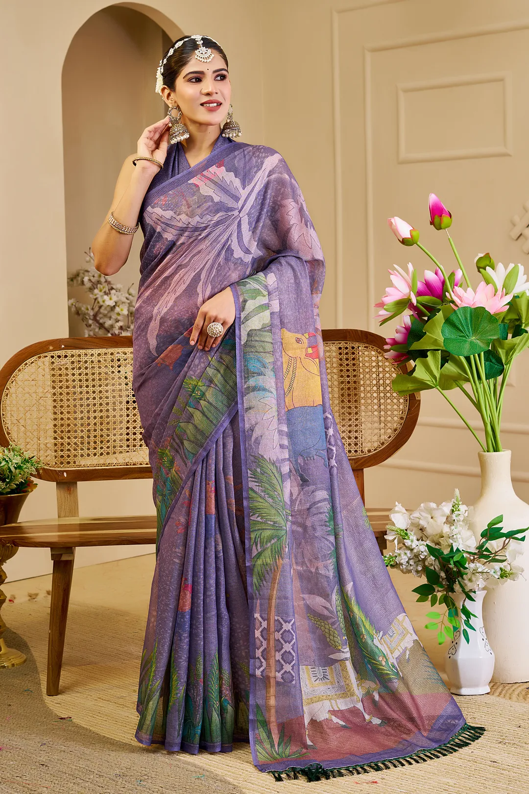 Purple Tissue Handloom Cotton Saree with Floral Digital Print & Zari