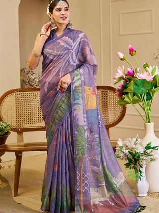 Purple Tissue Handloom Cotton Saree with Floral Digital Print & Zari