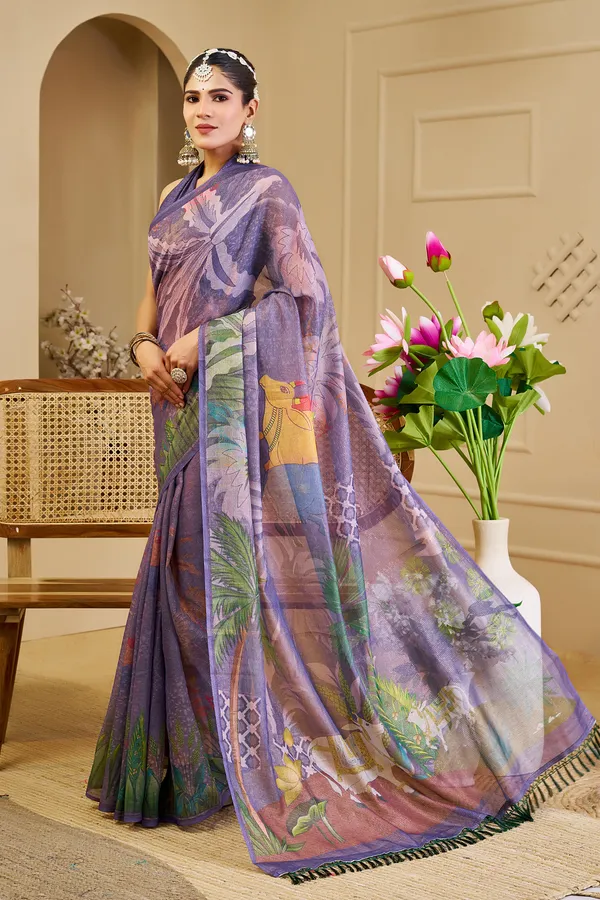 Purple Tissue Handloom Cotton Saree with Floral Digital Print & Zari