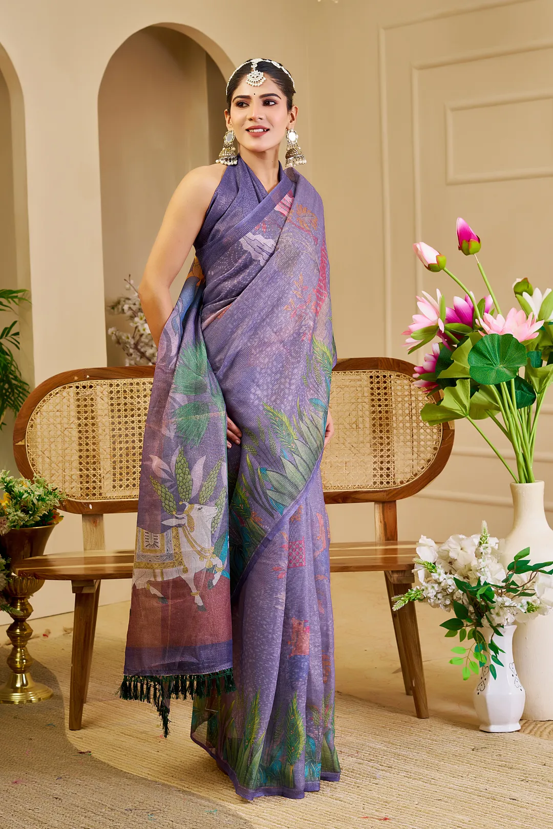 Purple Tissue Handloom Cotton Saree with Floral Digital Print & Zari