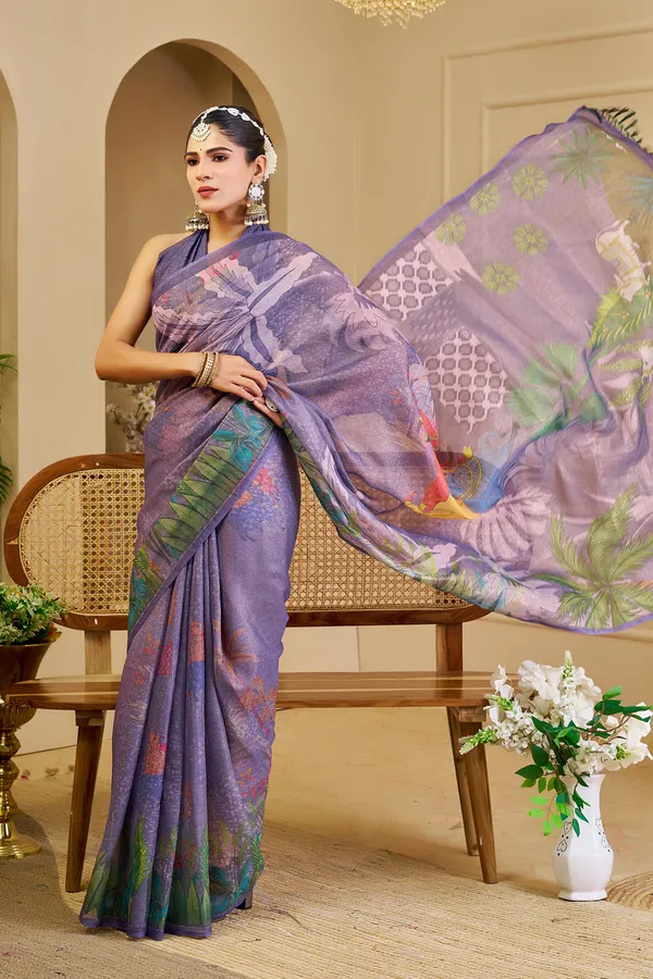 Purple Tissue Handloom Cotton Saree with Floral Digital Print & Zari