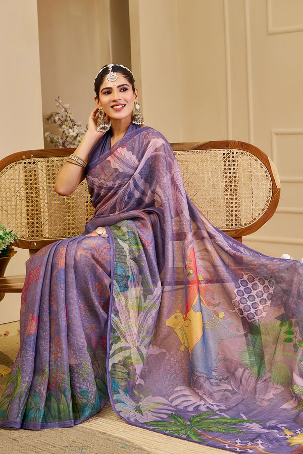 Purple Tissue Handloom Cotton Saree with Floral Digital Print & Zari