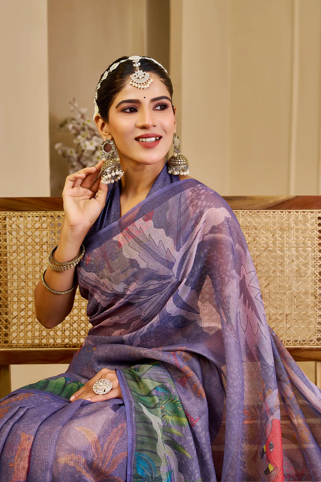 Purple Tissue Handloom Cotton Saree with Floral Digital Print & Zari
