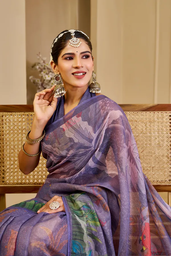 Purple Tissue Handloom Cotton Saree with Floral Digital Print & Zari
