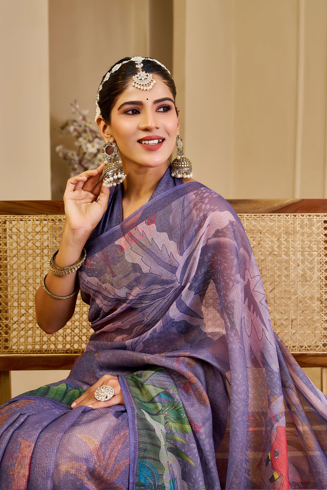 Purple Tissue Handloom Cotton Saree with Floral Digital Print & Zari