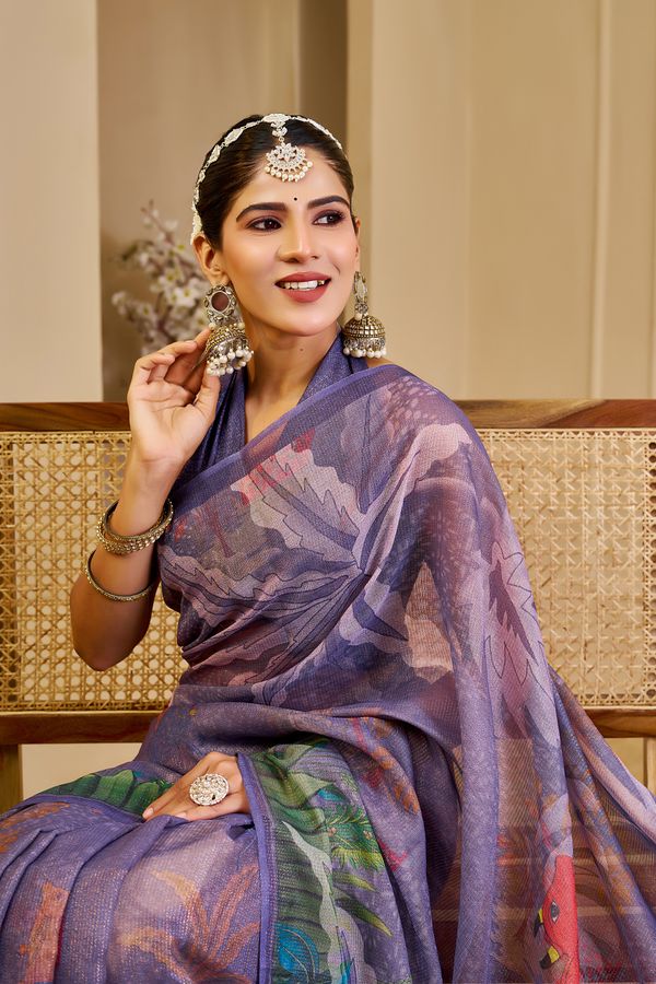 Purple Tissue Handloom Cotton Saree with Floral Digital Print & Zari