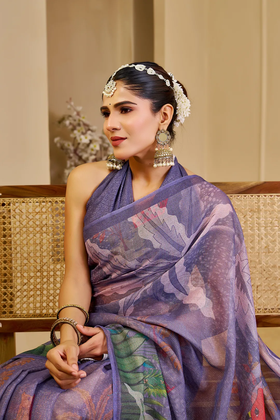 Purple Tissue Handloom Cotton Saree with Floral Digital Print & Zari