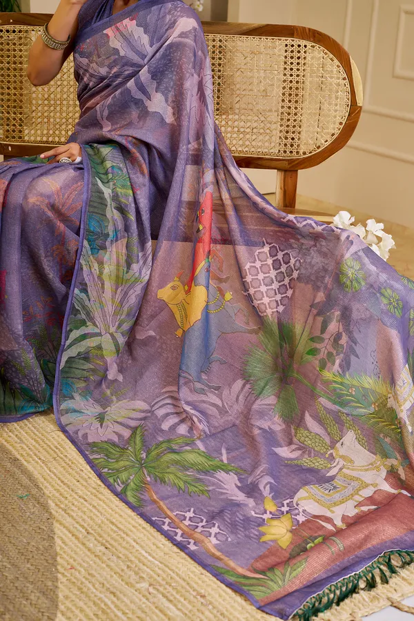 Purple Tissue Handloom Cotton Saree with Floral Digital Print & Zari