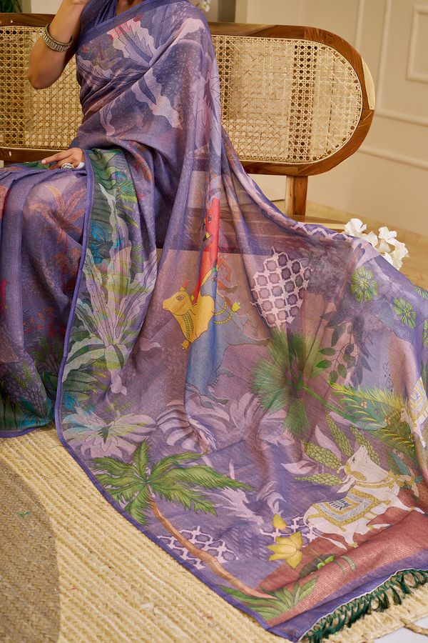 Purple Tissue Handloom Cotton Saree with Floral Digital Print & Zari