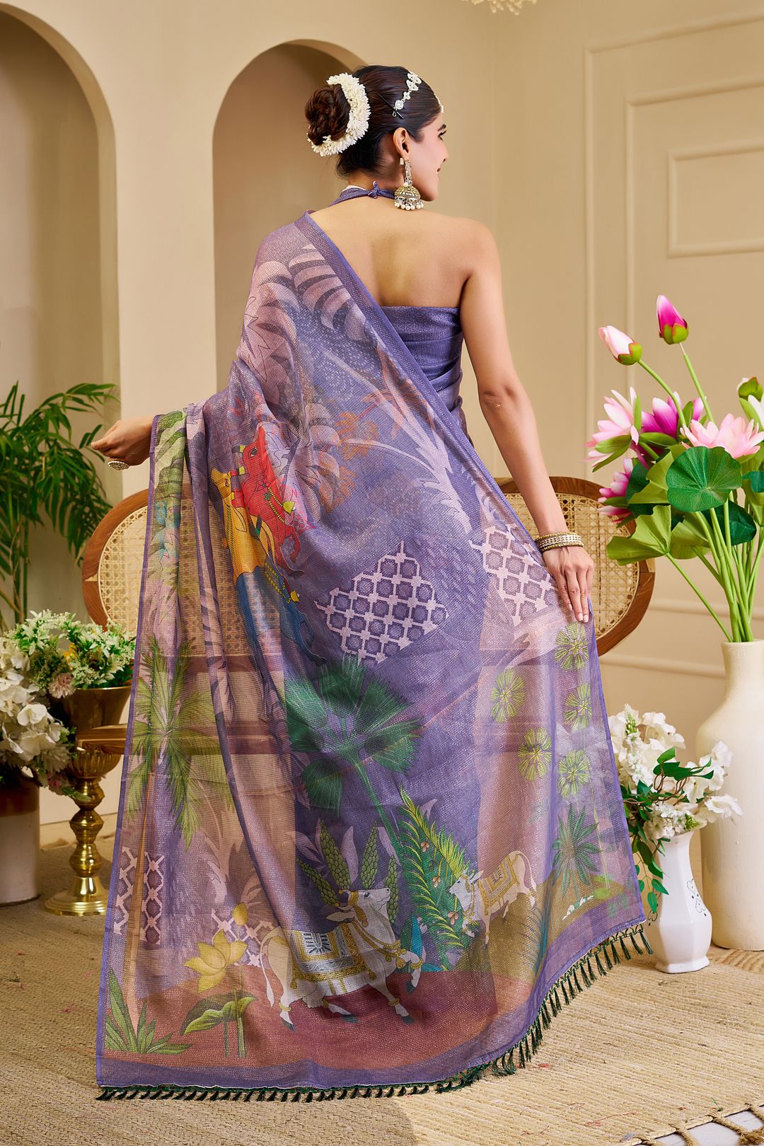 Purple Tissue Handloom Cotton Saree with Floral Digital Print & Zari