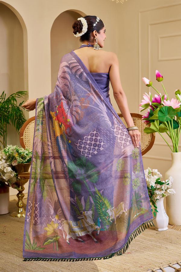 Purple Tissue Handloom Cotton Saree with Floral Digital Print & Zari