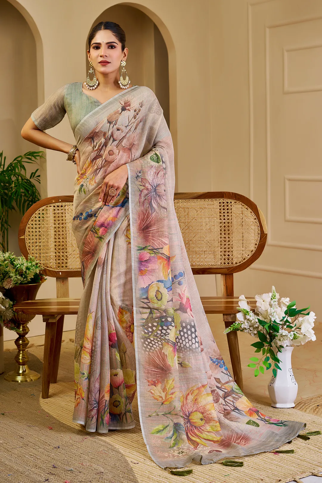 Cream Tissue Handloom Saree with Floral Print & Running Blouse