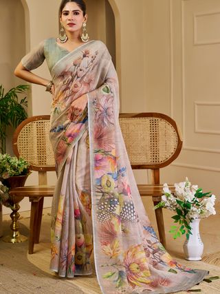 Cream Tissue Handloom Saree with Floral Print & Running Blouse