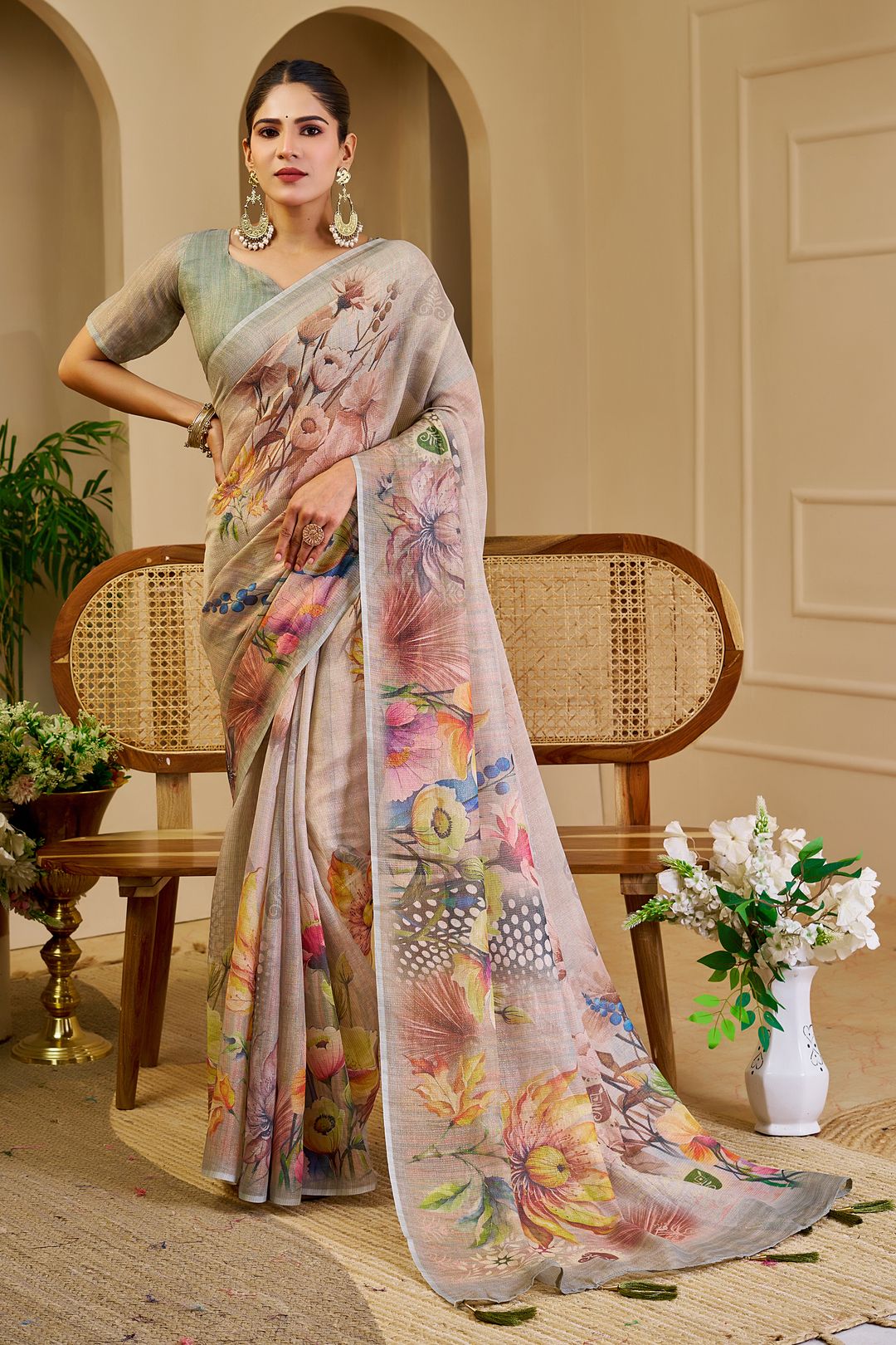 Cream Tissue Handloom Saree with Floral Print & Running Blouse