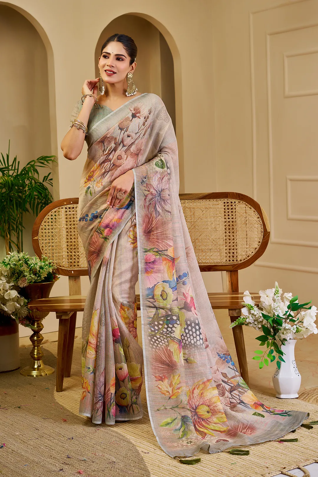 Cream Tissue Handloom Saree with Floral Print & Running Blouse