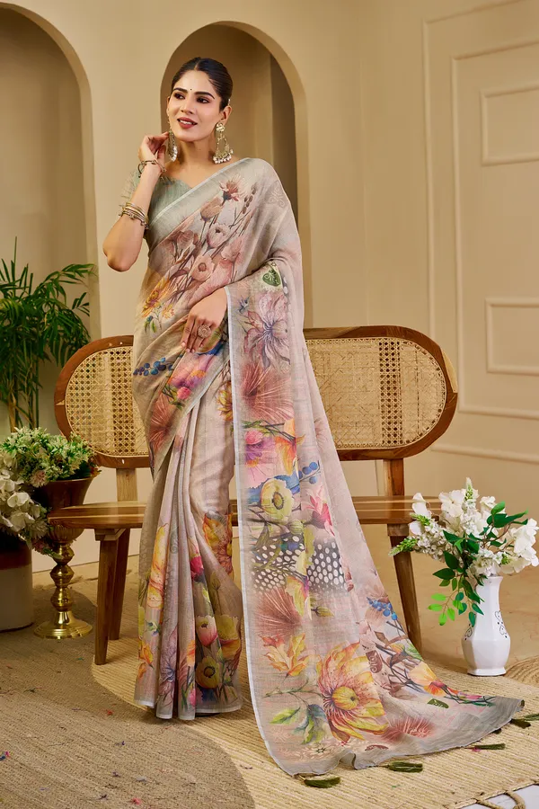 Cream Tissue Handloom Saree with Floral Print & Running Blouse