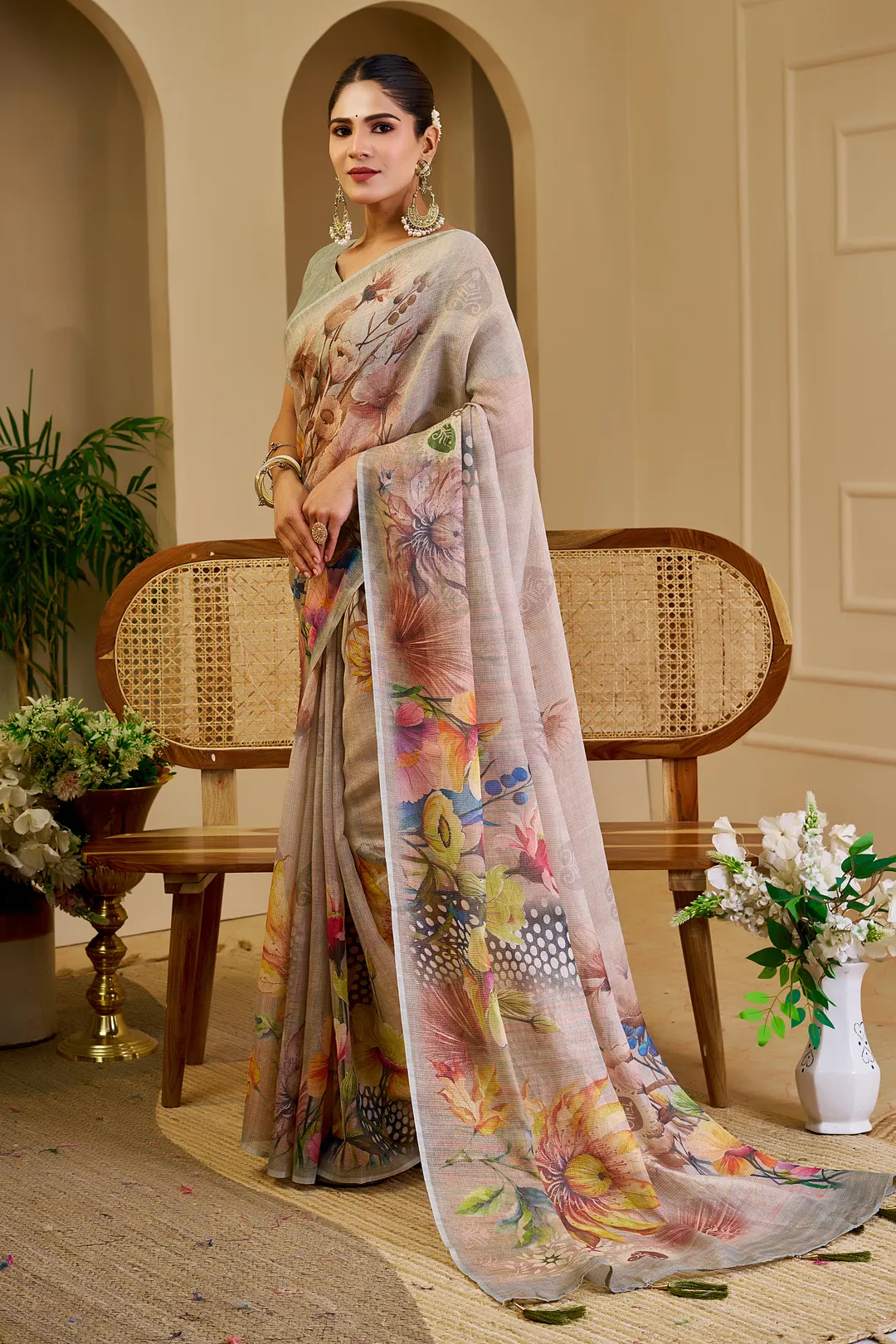 Cream Tissue Handloom Saree with Floral Print & Running Blouse