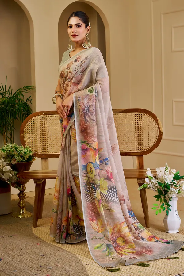 Cream Tissue Handloom Saree with Floral Print & Running Blouse