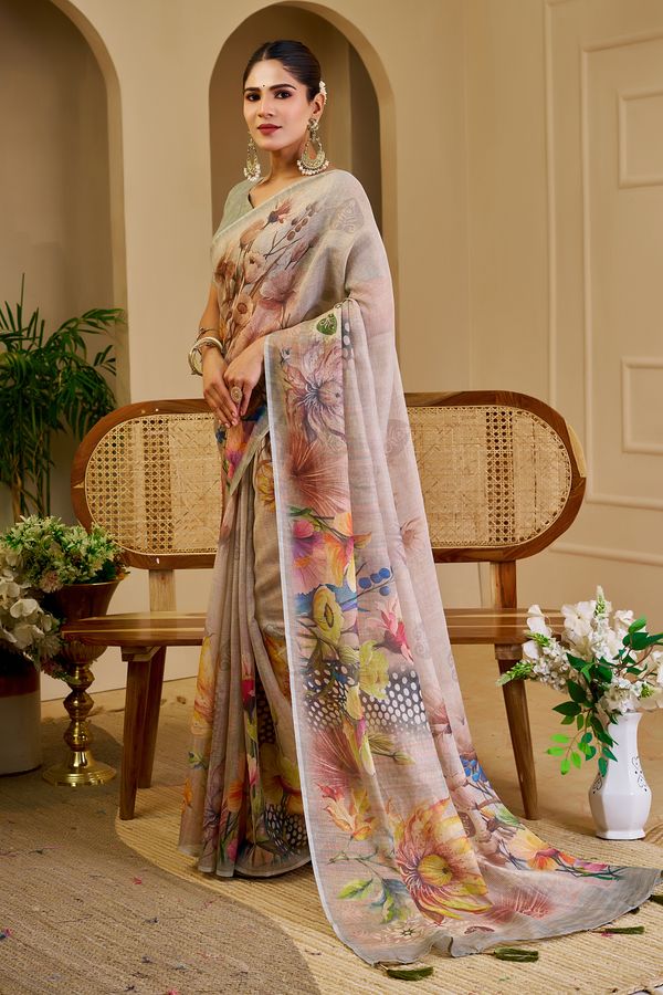 Cream Tissue Handloom Saree with Floral Print & Running Blouse