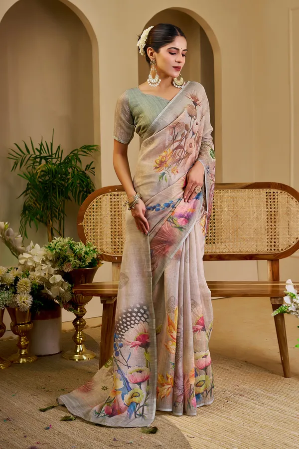 Cream Tissue Handloom Saree with Floral Print & Running Blouse