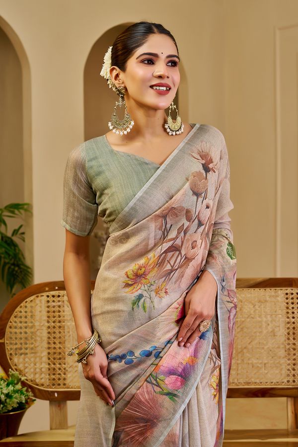 Cream Tissue Handloom Saree with Floral Print & Running Blouse