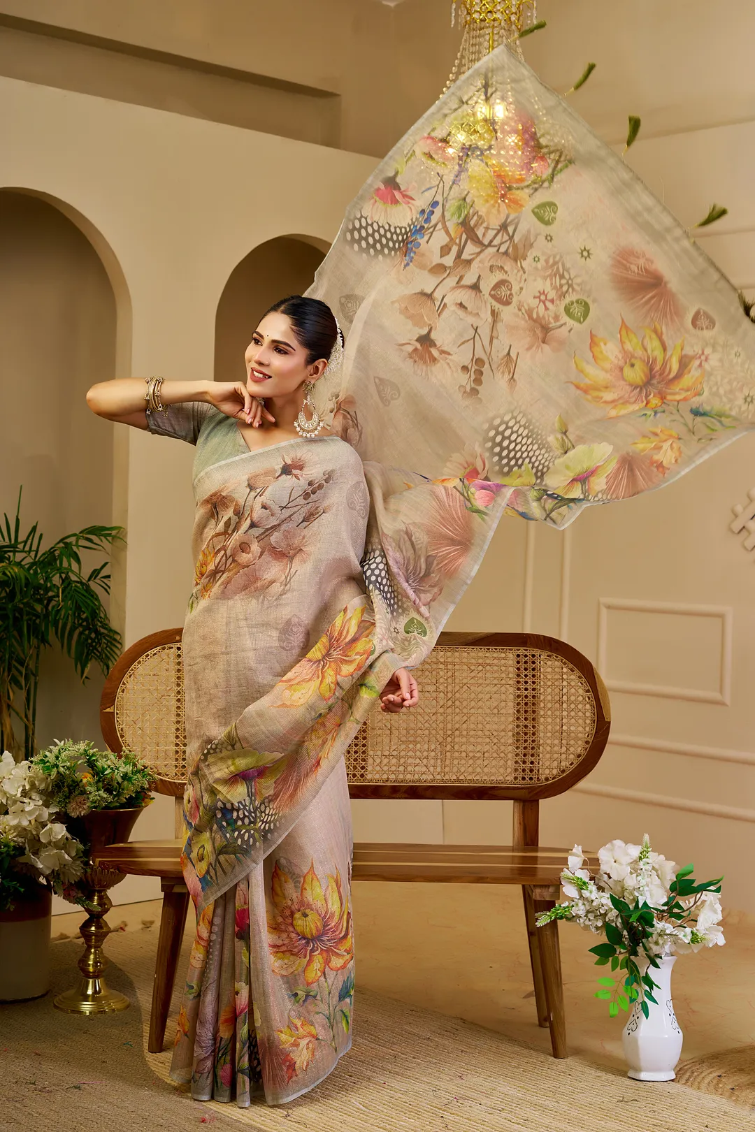 Cream Tissue Handloom Saree with Floral Print & Running Blouse