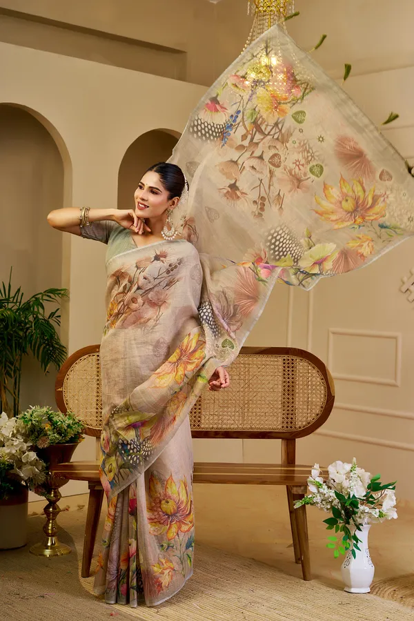 Cream Tissue Handloom Saree with Floral Print & Running Blouse