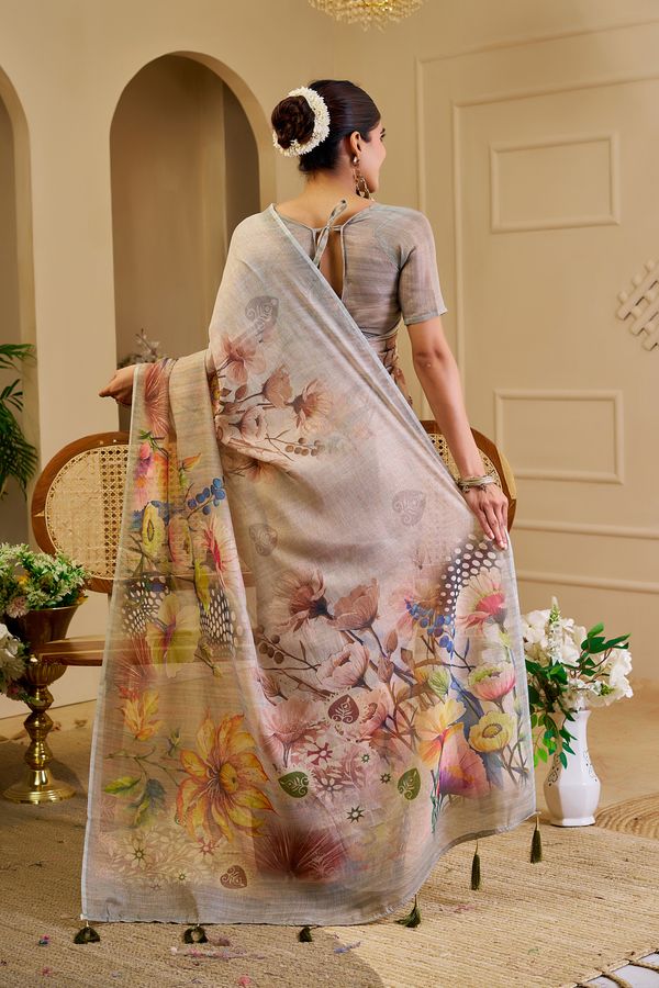 Cream Tissue Handloom Saree with Floral Print & Running Blouse