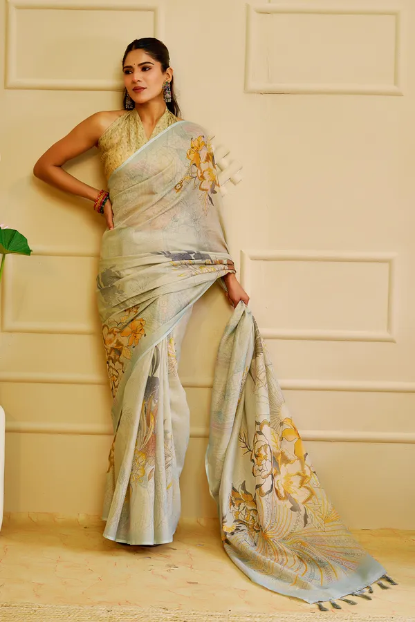 Sky Blue Tissue Cotton Saree with Floral Print & Zari Weave