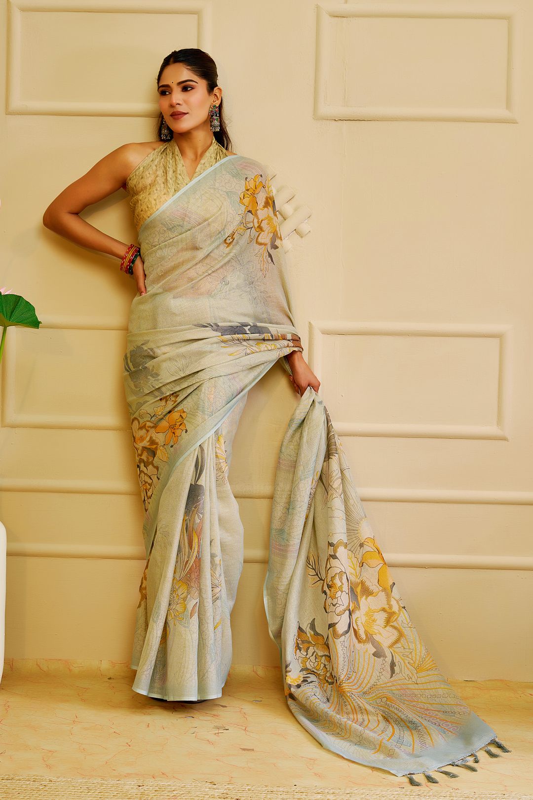Sky Blue Tissue Cotton Saree with Floral Print & Zari Weave