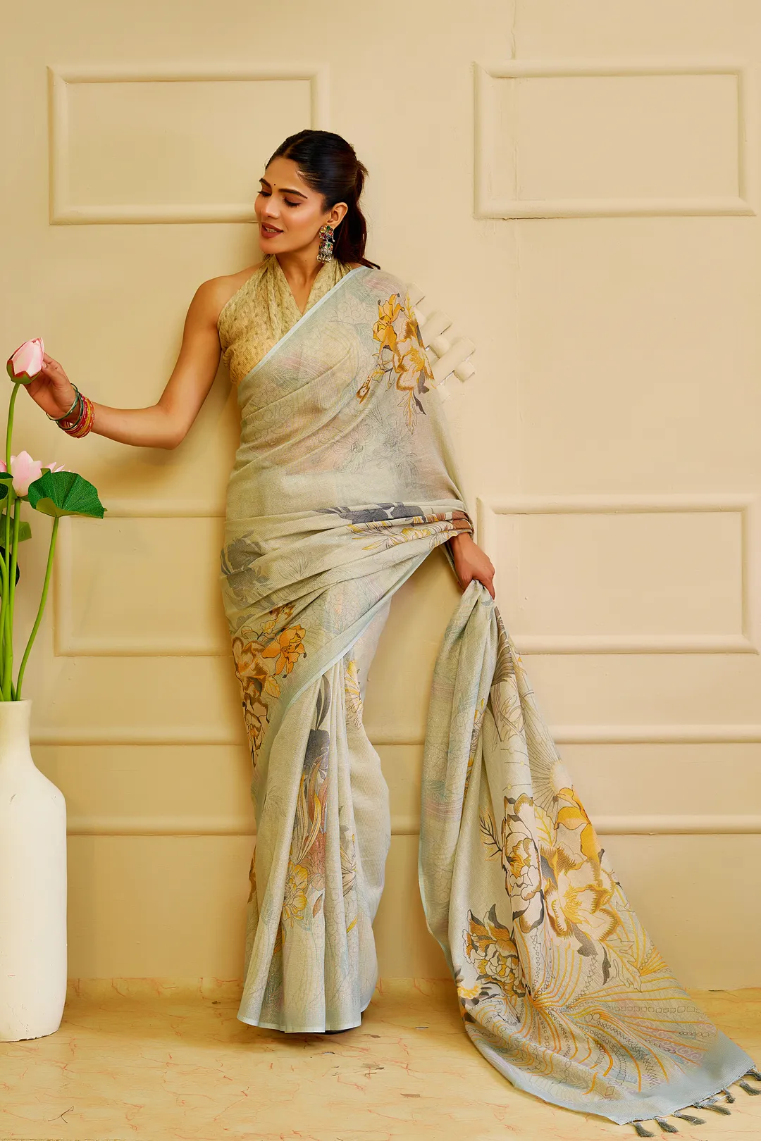 Sky Blue Tissue Cotton Saree with Floral Print & Zari Weave