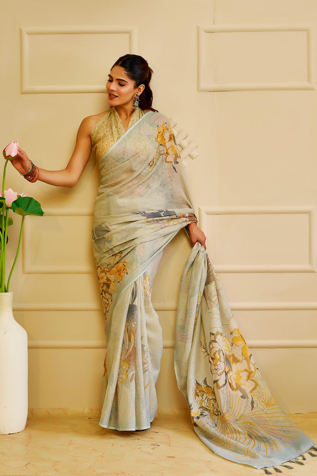 Sky Blue Tissue Cotton Saree with Floral Print & Zari Weave