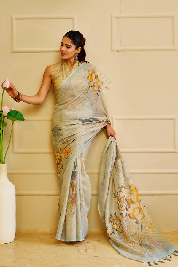 Sky Blue Tissue Cotton Saree with Floral Print & Zari Weave