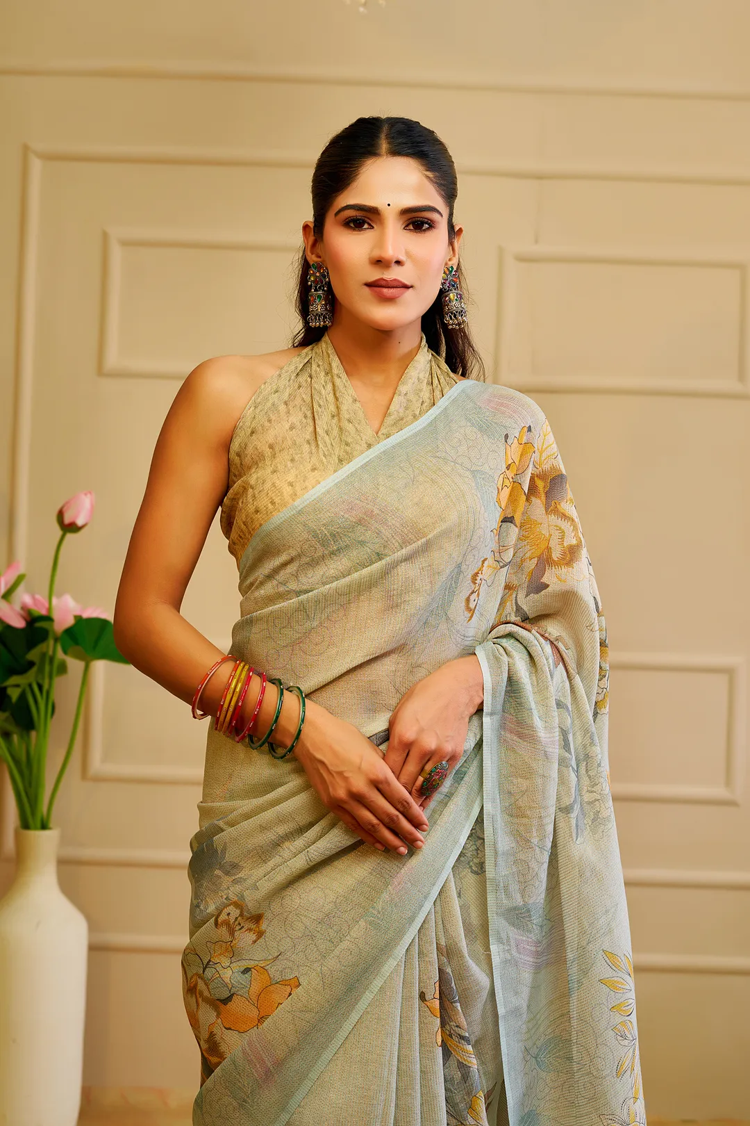 Sky Blue Tissue Cotton Saree with Floral Print & Zari Weave