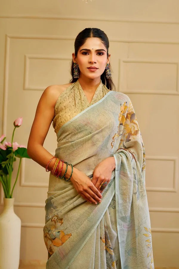 Sky Blue Tissue Cotton Saree with Floral Print & Zari Weave