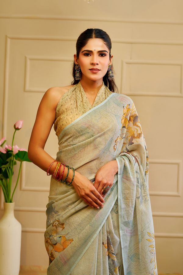 Sky Blue Tissue Cotton Saree with Floral Print & Zari Weave